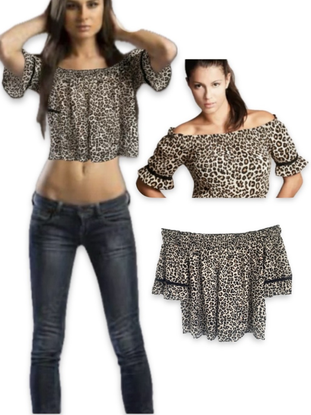 Ardene Leopard Print Off Shoulder Crop Top Viscose M